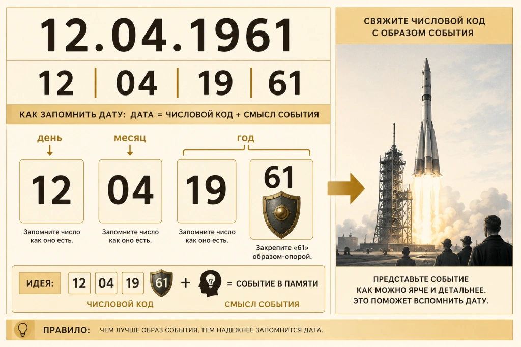 Дата 12.04.1961 разбита на числовые блоки для мнемонического запоминания