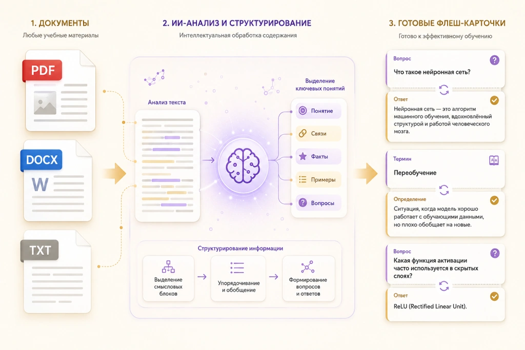 ИИ-генератор Memoro создает флеш-карточки из PDF, DOCX и TXT