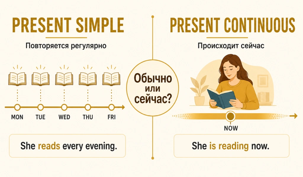 Present Simple как привычка и Present Continuous как процесс сейчас