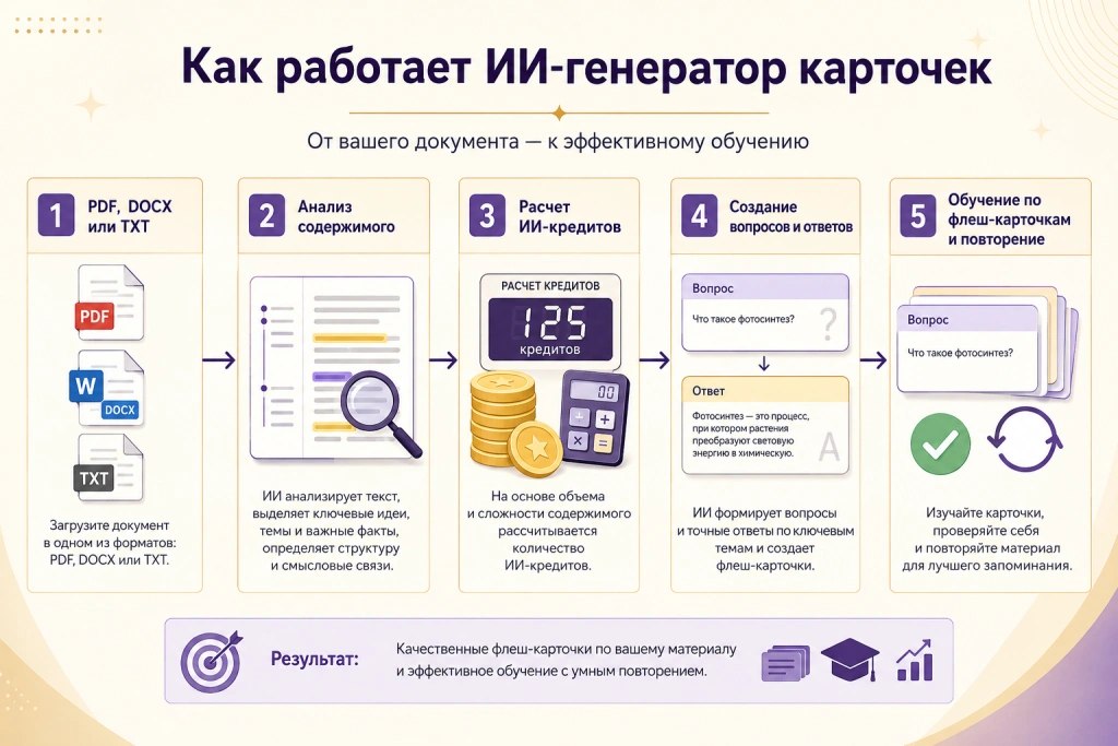 Как работает ИИ-генератор карточек Memoro от загрузки документа до обучения