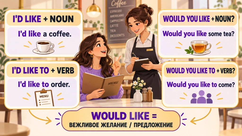 Would like - I’d like, I’d like to и Would you like с примерами