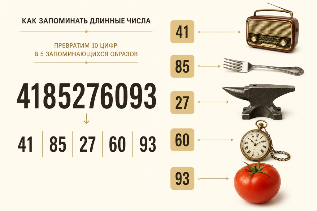 Длинное число 4185276093 разбито на пары и превращено в пять образов
