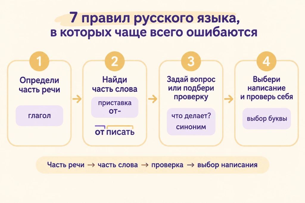 Алгоритм самопроверки: четыре шага Схема из четырёх шагов алгоритма самопроверки: часть речи, часть слова, вопрос или проверка, выбор написания.
