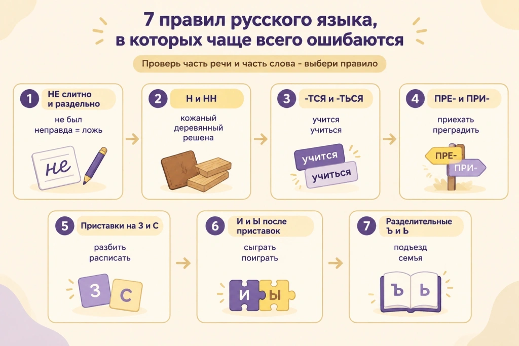 Семь правил курса с примерами Семь карточек с правилами русского языка и примерами: НЕ, Н и НН, -тся и -ться, ПРЕ- и ПРИ-, приставки на З и С, И и Ы, разделительные Ъ и Ь.