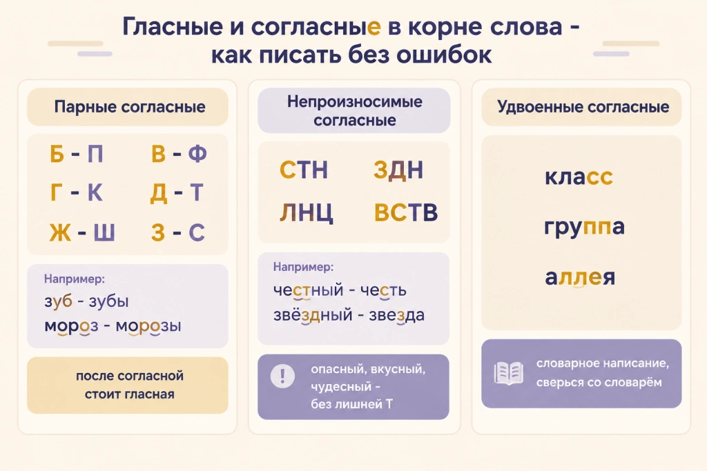 Согласные в корне: парные, непроизносимые, удвоенные Схема согласных в корне: парные согласные с проверкой через гласную, непроизносимые согласные со словами-ловушками и удвоенные согласные как словарное написание.