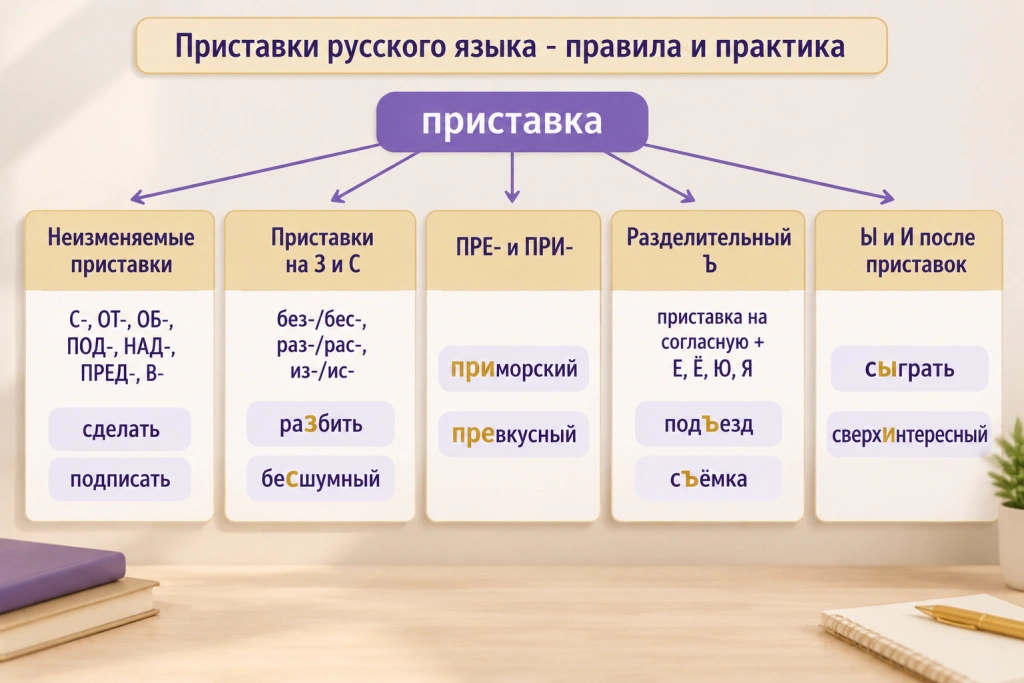 Пять правил приставок: от типа приставки к нужному правилу Схема пяти правил приставок русского языка: неизменяемые приставки, приставки на З и С, ПРЕ- и ПРИ-, разделительный Ъ, Ы и И после приставок - с примерами «сделать», «разбить», «бесшумный», «приморский», «подъезд», «сыграть».
