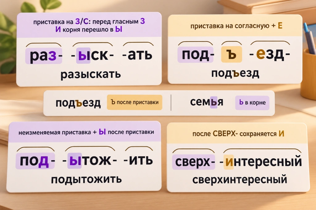 Слова, где работают сразу два правила приставок: разыскать, подъезд, подытожить Разбор слов с несколькими правилами приставок: «разыскать» с переходом И в Ы и приставкой на З/С, «подъезд» с разделительным Ъ, «подытожить» с Ы после приставки, «сверхинтересный» с сохранённой И.