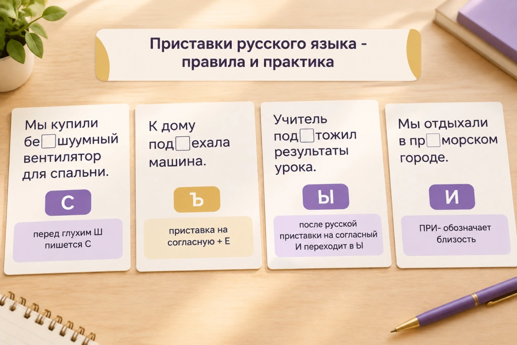 Практика: пропуск буквы в приставке и проверка по правилу Практика курса: предложения с пропуском буквы в приставке - «бе_шумный» с ответом С, «под_ехала» с разделительным Ъ, «под_тожил» с Ы, «пр_морском» с И - и короткими подписями правил.