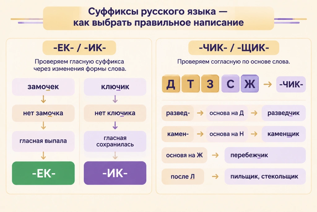 Проверка суффиксов существительных: -ЕК-/-ИК- и -ЧИК-/-ЩИК- Схема проверки суффиксов существительных: замочек - нет замочка → -ЕК-, ключик - нет ключика → -ИК-, а также основа на Д → разведчик, основа на Н → каменщик, основа на Ж → перебежчик и после Л → пильщик.