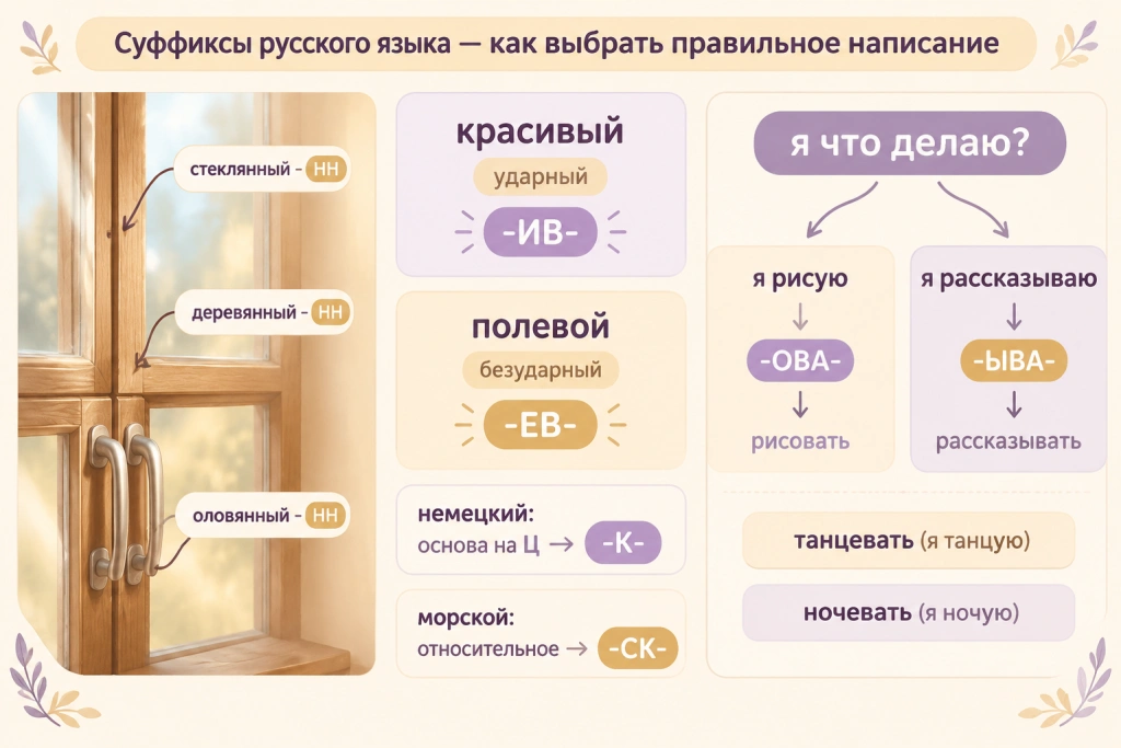 Суффиксы прилагательных и глаголов: ударение, основа и форма «я» Схема по суффиксам прилагательных и глаголов: окно с подписями «стеклянный», «деревянный», «оловянный», карточки «красивый - ударный -ИВ-» и «полевой - безударный -ЕВ-», основа на Ц → -К-, относительное → -СК-, а также проверка «я рисую → -ОВА-», «я рассказываю → -ЫВА-».