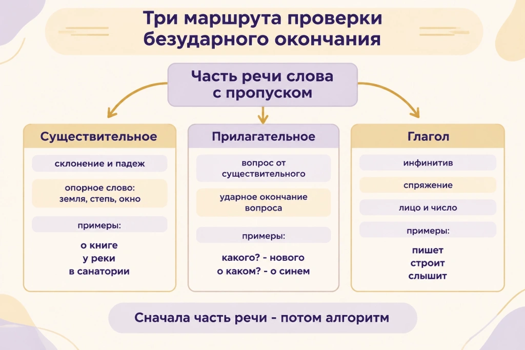 Три маршрута проверки безударного окончания Схема из трёх маршрутов проверки безударного окончания: существительное с опорным словом, прилагательное с вопросом, глагол с инфинитивом и спряжением.