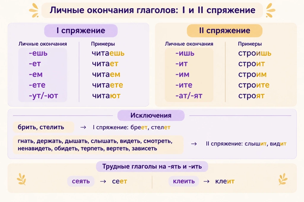 Личные окончания глаголов: спряжение и исключения Таблица личных окончаний глаголов I и II спряжения с исключениями «брить, стелить» и одиннадцатью глаголами, а также парами «сеять - сеет» и «клеить - клеит».