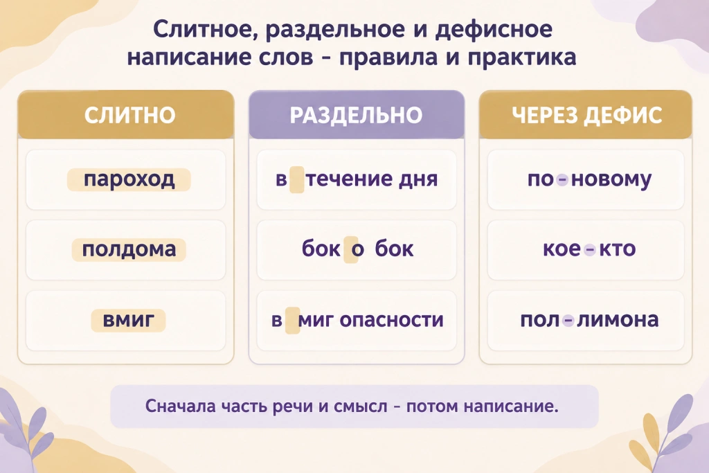 Три способа написания: слитно, раздельно, через дефис Три колонки на светлой доске: «СЛИТНО» с примерами «пароход», «полдома», «вмиг», «РАЗДЕЛЬНО» с примерами «в течение дня», «бок о бок», «в миг опасности» и «ЧЕРЕЗ ДЕФИС» с примерами «по-новому», «кое-кто», «пол-лимона».