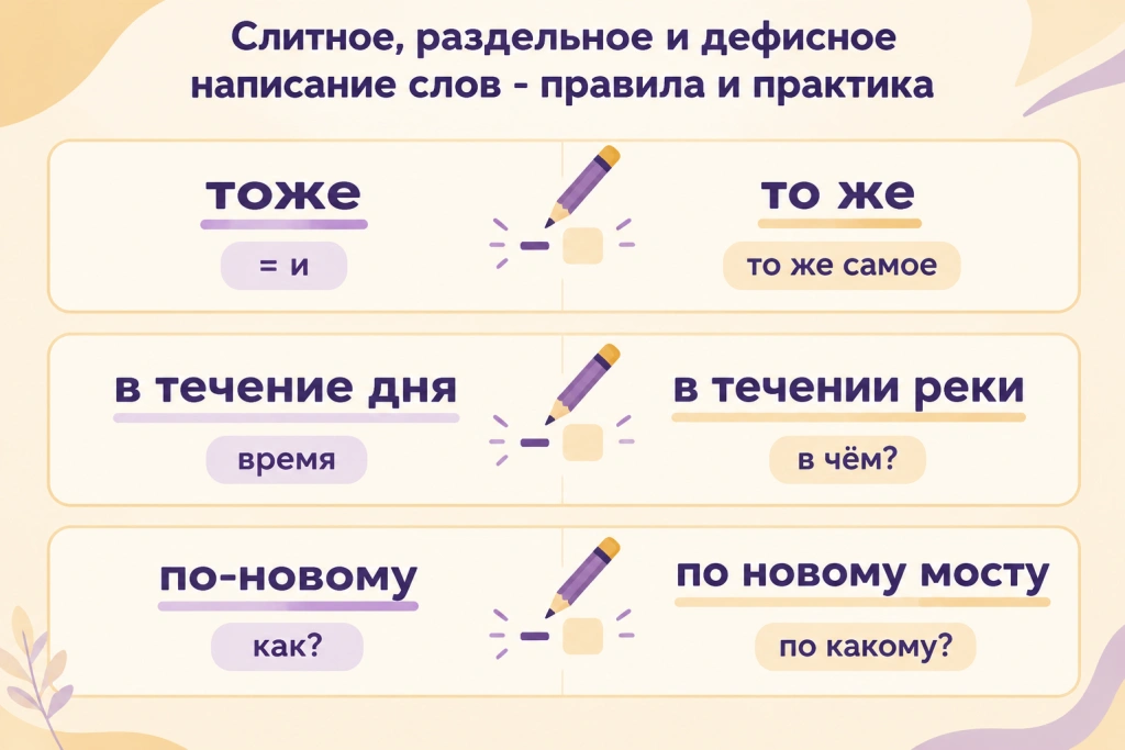 Омонимичные пары и проверки: тоже - то же, в течение - в течении Три панели сравнения омонимичных пар: «тоже - то же», «в течение дня - в течении реки», «по-новому - по новому мосту», с короткими пометками-проверками «= и», «то же самое», «время», «в чём?», «как?», «по какому?».