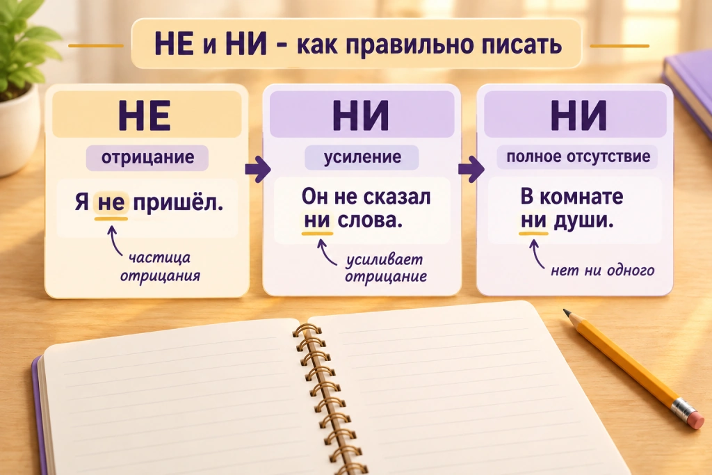 Схема: НЕ - отрицание, НИ - усиление отрицания или полное отсутствие, с примерами «Я не пришёл», «Он не сказал ни слова», «В комнате ни души».