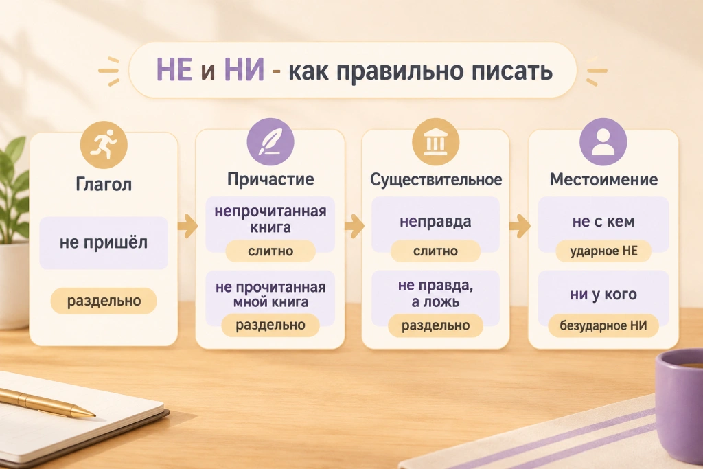 Схема по частям речи: глагол «не пришёл», причастие «непрочитанная книга» и «не прочитанная мной книга», существительное «неправда» и «не правда, а ложь», местоимение «не с кем» и «ни у кого».