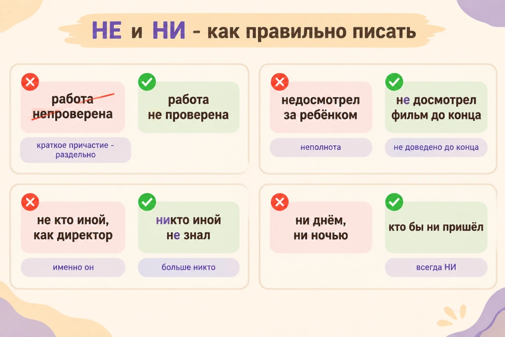 Схема типичных ошибок: «работа не проверена», «недосмотрел» и «не досмотрел до конца», «не кто иной, как» и «никто иной не», «ни днём, ни ночью», «кто бы ни пришёл».