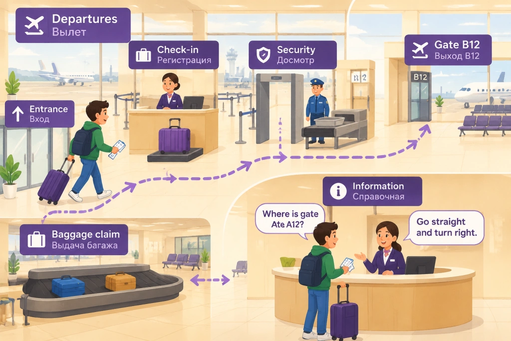 Схема терминала аэропорта с указателями Departures, Check-in, Security, Gate B12 и Baggage claim и путешественником, который спрашивает Where is gate A12?