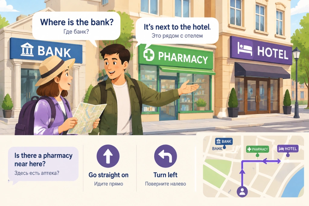 Диалог на улице: турист спрашивает Where is the bank? и Is there a pharmacy near here?, прохожий показывает маршрут со стрелками Go straight on и Turn left