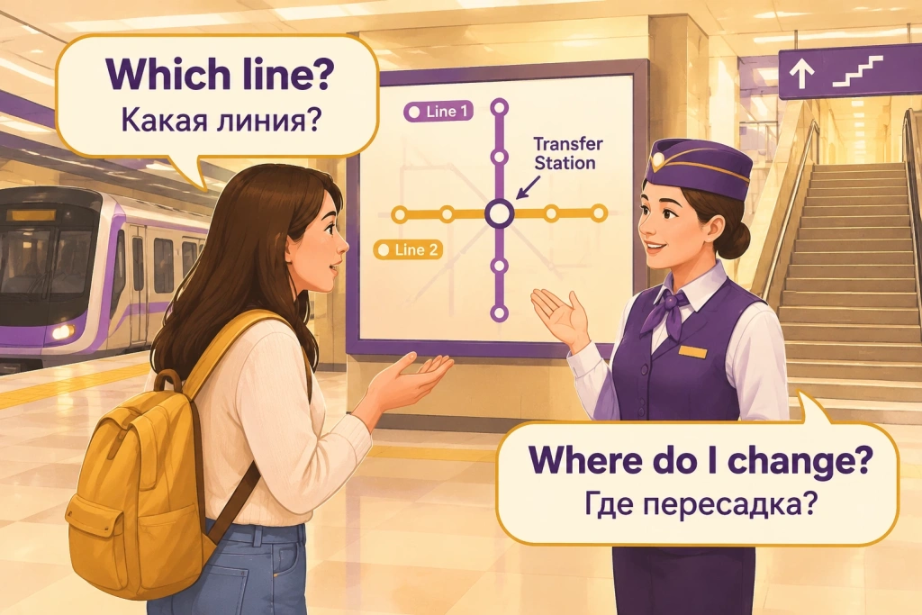 Станция метро: пассажир спрашивает Which line goes to the centre? и Where do I change?, на схеме две цветные линии и пересадка, рядом табличка Platform 2