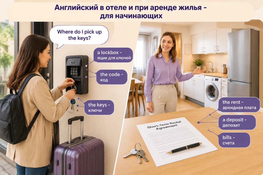 Аренда квартиры: гость достаёт ключи из кодового ящика (lockbox), хозяин показывает кухню со стиральной машиной, на столе договор с указанием rent и deposit.