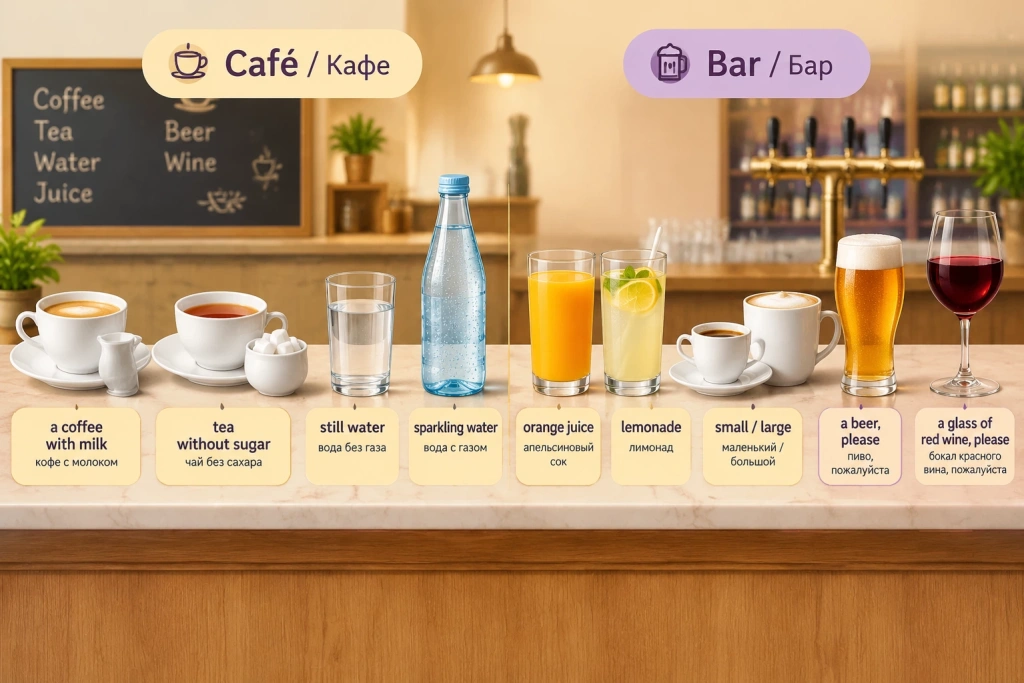 Напитки на стойке кафе и бара с подписями: coffee with milk, tea without sugar, still water, sparkling water, orange juice, lemonade, small and large coffee, beer, a glass of red wine - с переводом на русский.