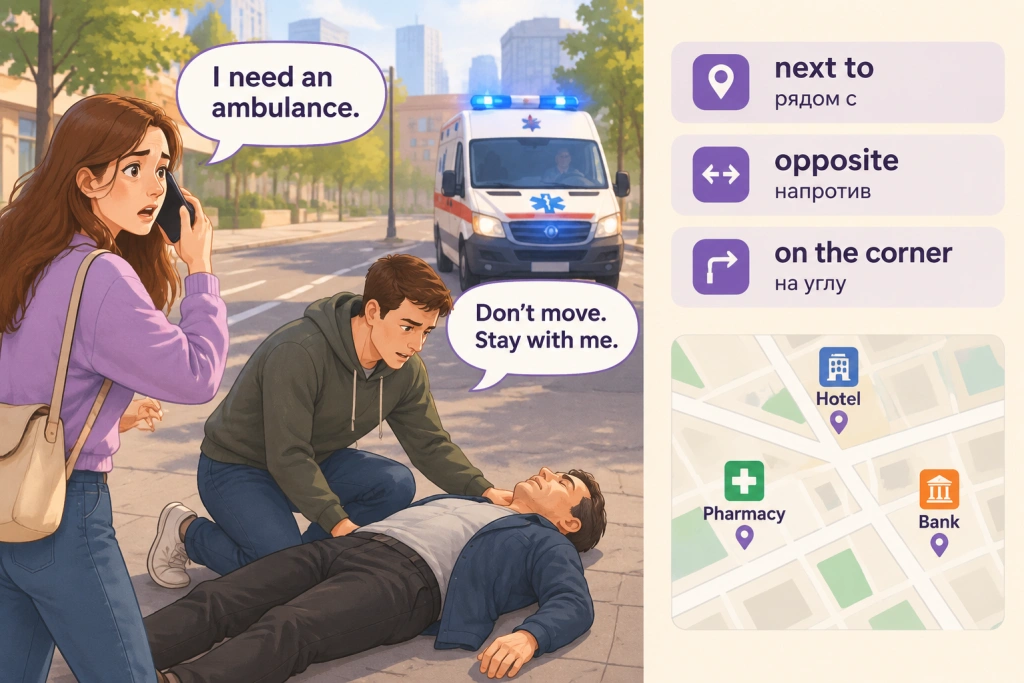 Экстренный вызов: I need an ambulance и как назвать местоположение Экстренный вызов: женщина звонит в скорую со словами I need an ambulance, рядом помогают пострадавшему, на схеме улицы подписи next to - рядом с, opposite - напротив, on the corner - на углу