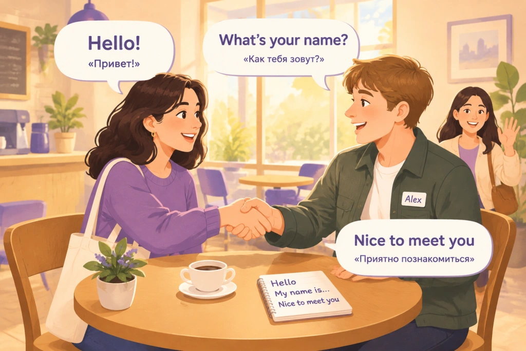Иллюстрация знакомства на английском: двое людей обмениваются фразами Hello!, What's your name? и Nice to meet you