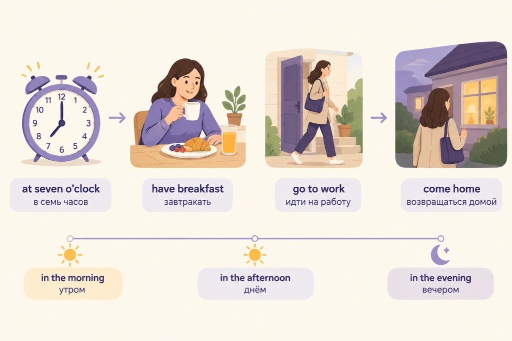 Схема обычного дня с английскими фразами get up, have breakfast, go to work, come home и временем at seven o'clock