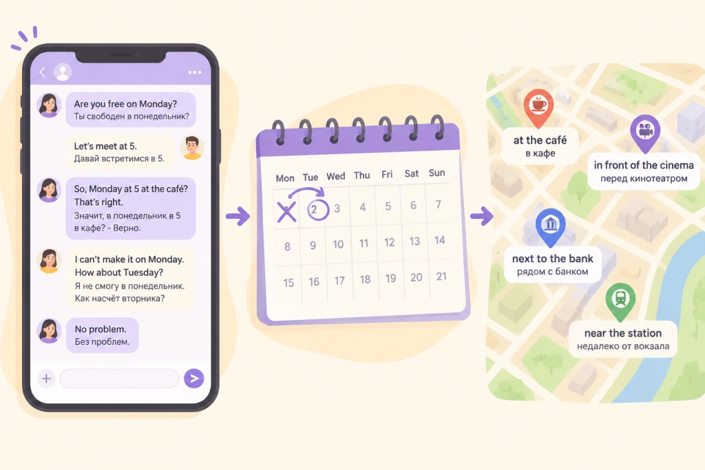 Переписка о встрече на английском: сообщения Are you free on Monday? и Let's meet at 5, календарь с переносом с понедельника на вторник и карта с ориентирами at the café, in front of the cinema, next to the bank
