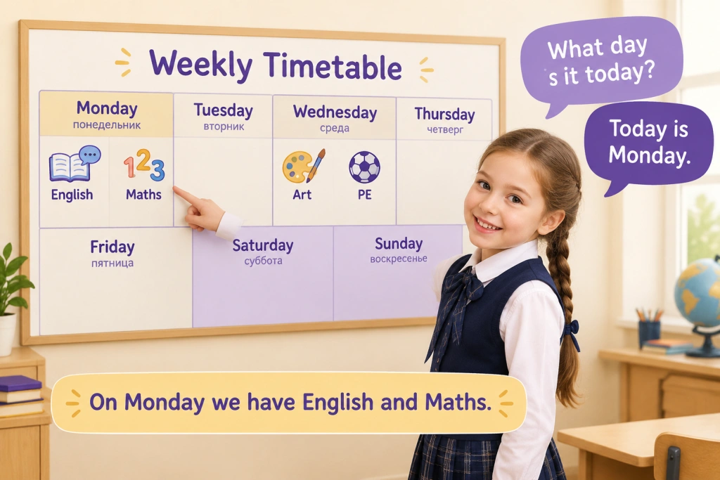 Школьное расписание на неделю с днями Monday - понедельник, Tuesday - вторник, Wednesday - среда и предметами English, Maths, Art, PE, а также фразами What day is it today? и On Monday we have English and Maths