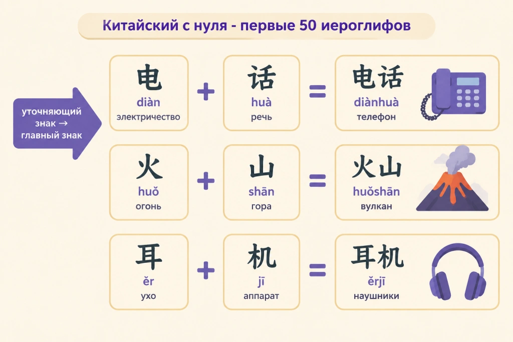 Как два иероглифа складываются в слово Схема словообразования: 电 + 话 = 电话 (телефон), 火 + 山 = 火山 (вулкан), 耳 + 机 = 耳机 (наушники) с пиньинем и русскими переводами