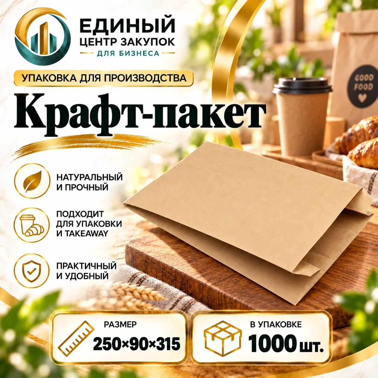СБ Пакет бумажный (крафт) 250*90*315 без ручки (1000шт/уп)