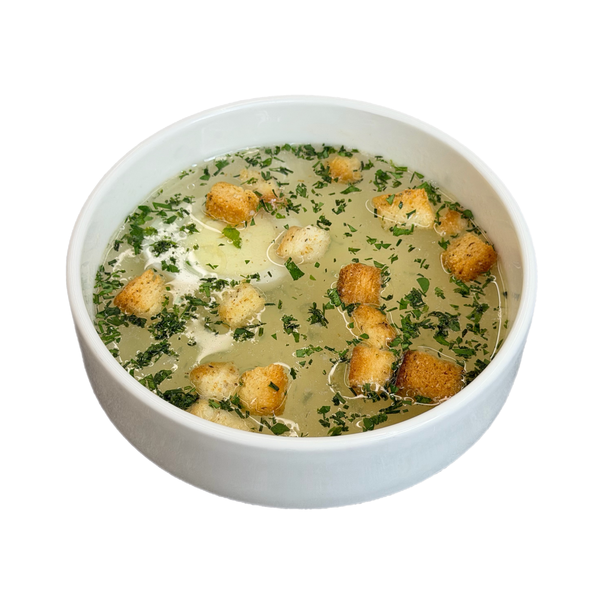 Куриный бульон с сухариками с прованскими травами и яйцом