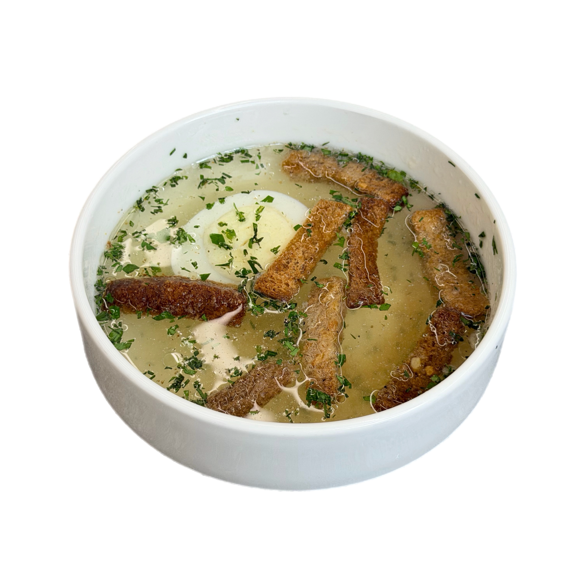 Куриный бульон с гренками ржаными и яйцом