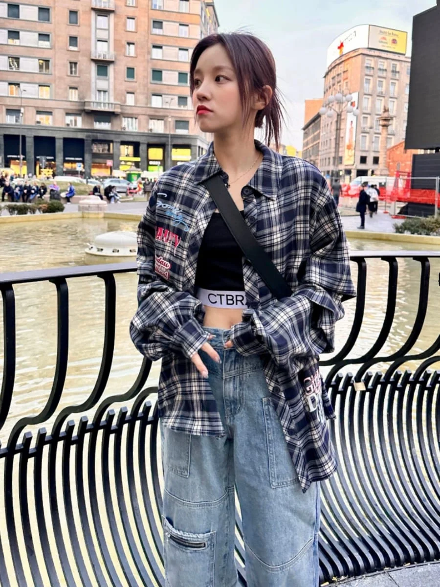 Юци I-DLE | Рубашка тёмно-синая в клетку S-XL (CLO-IDLE-SHIRT-YUQI)