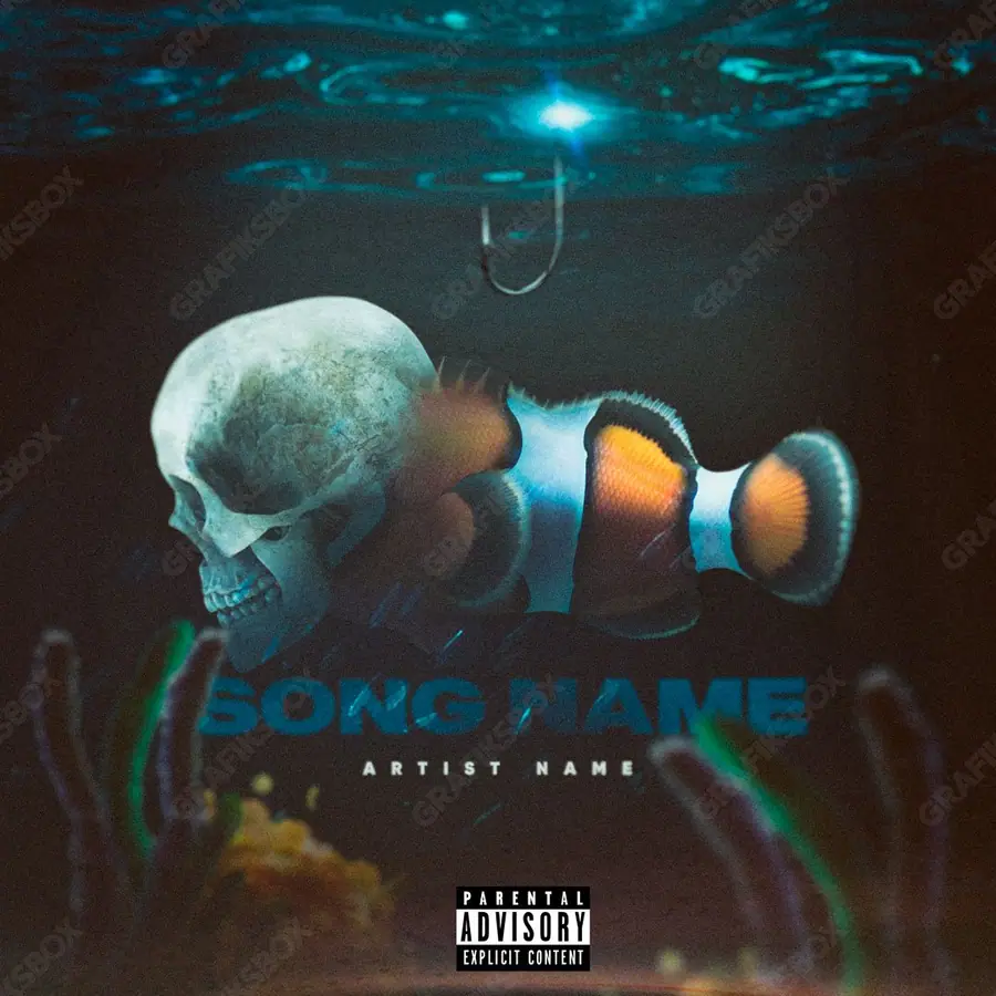 Portada de álbum prediseñada «Fish Skull» — naturaleza en cuadro: cielo, agua y aire, en una gama azul