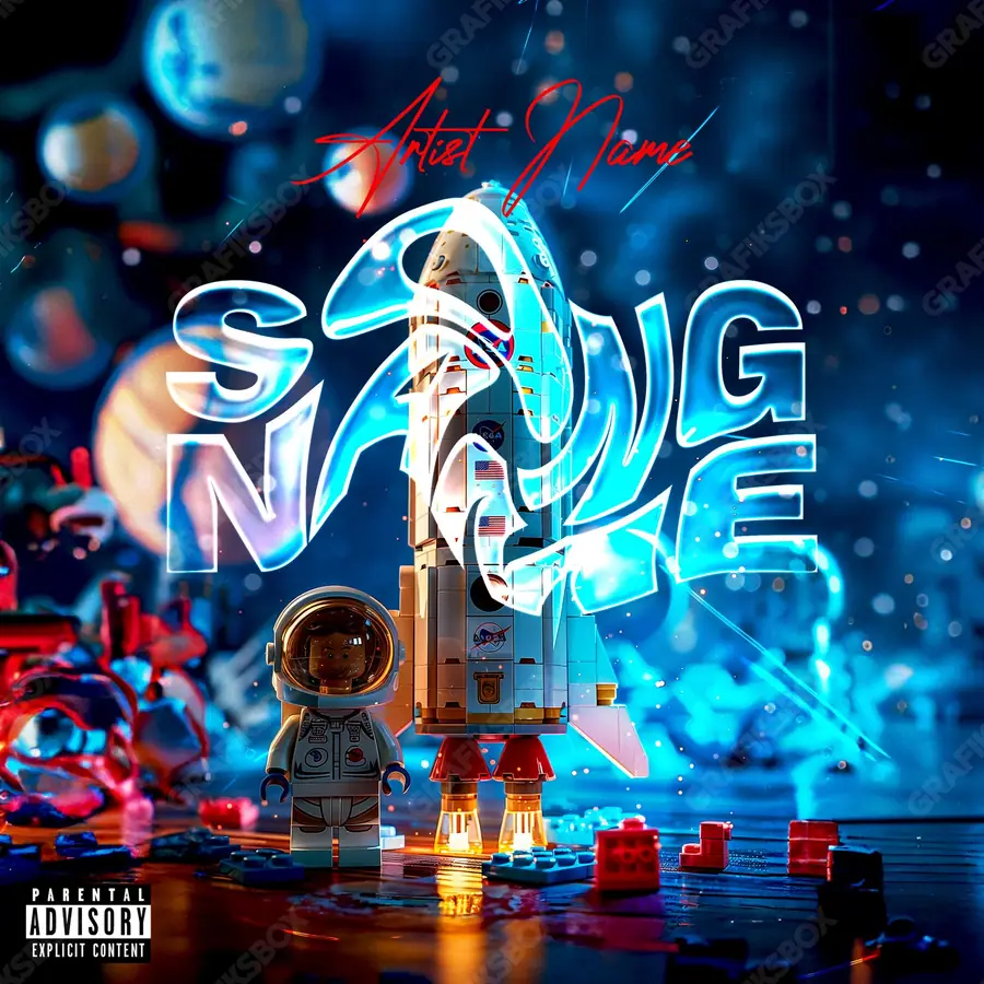Portada de álbum prediseñada «Lego Rocket» — una idea visual original sin equivalente cercano en el catálogo, en tonos azules fríos