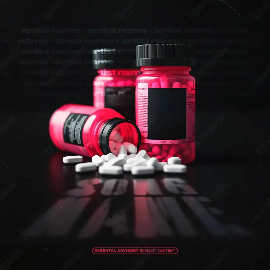 Portada de álbum prediseñada «Percocet» — una idea visual original sin equivalente cercano en el catálogo, en tonos rojos intensos