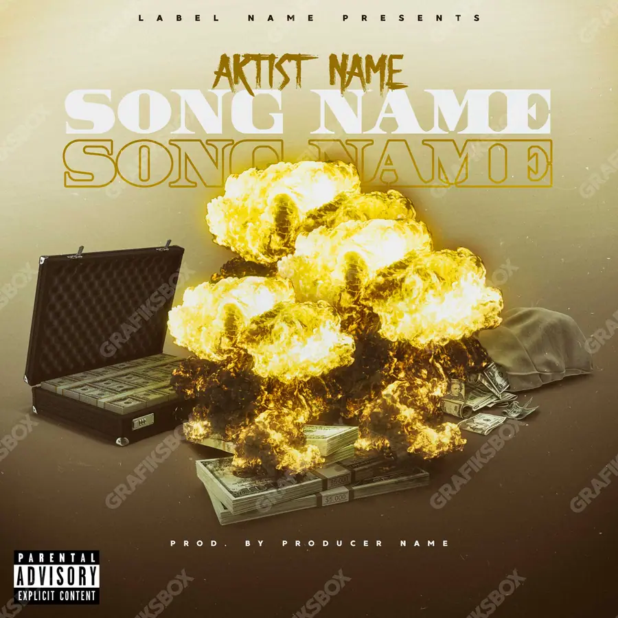 Premade album cover “Burning Money” — expensive texture — metal, stones, gloss in warm gold tones
