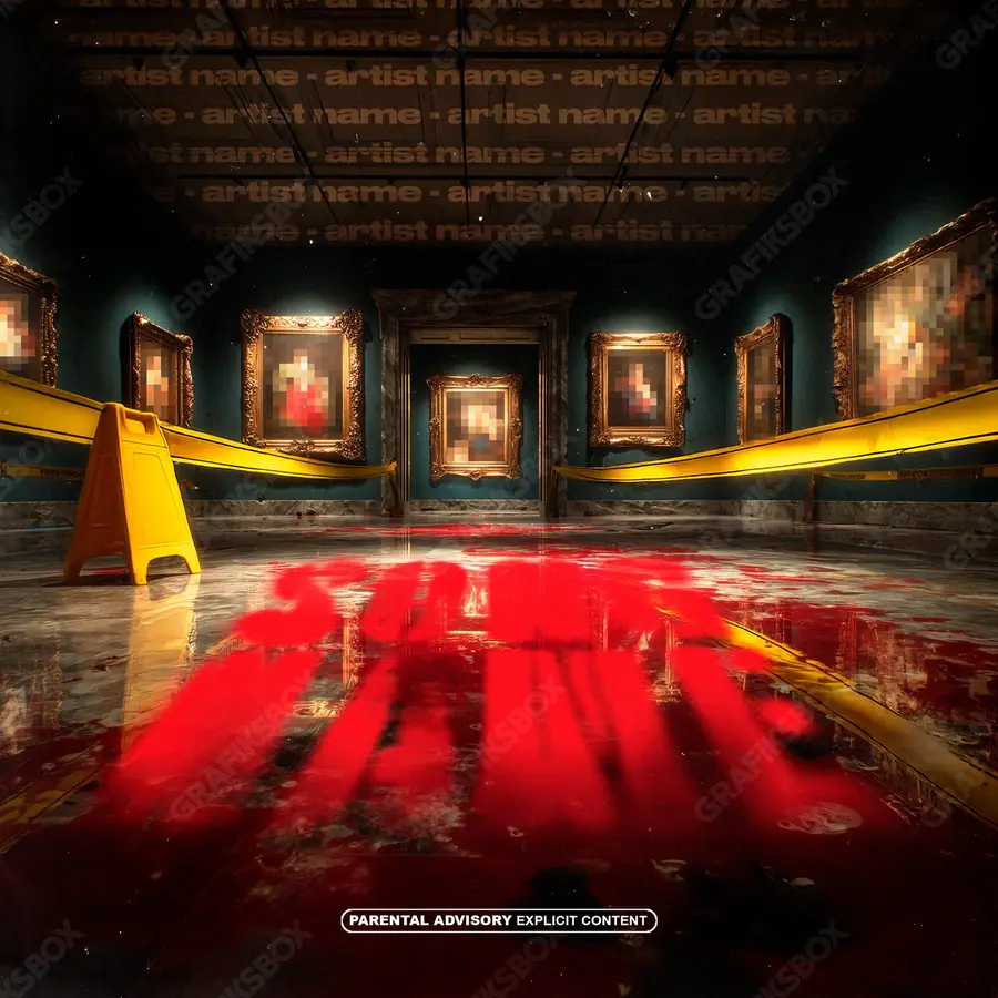 Portada de álbum prediseñada «Mishap» — un encuadre que no encaja en una sola categoría, en una gama roja