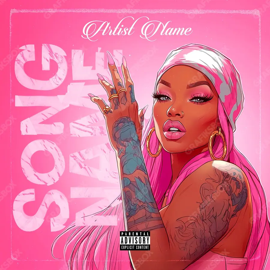 Portada de álbum prediseñada «The Barbie» — una mujer en el centro del encuadre sobre un fondo apagado, en una gama roja