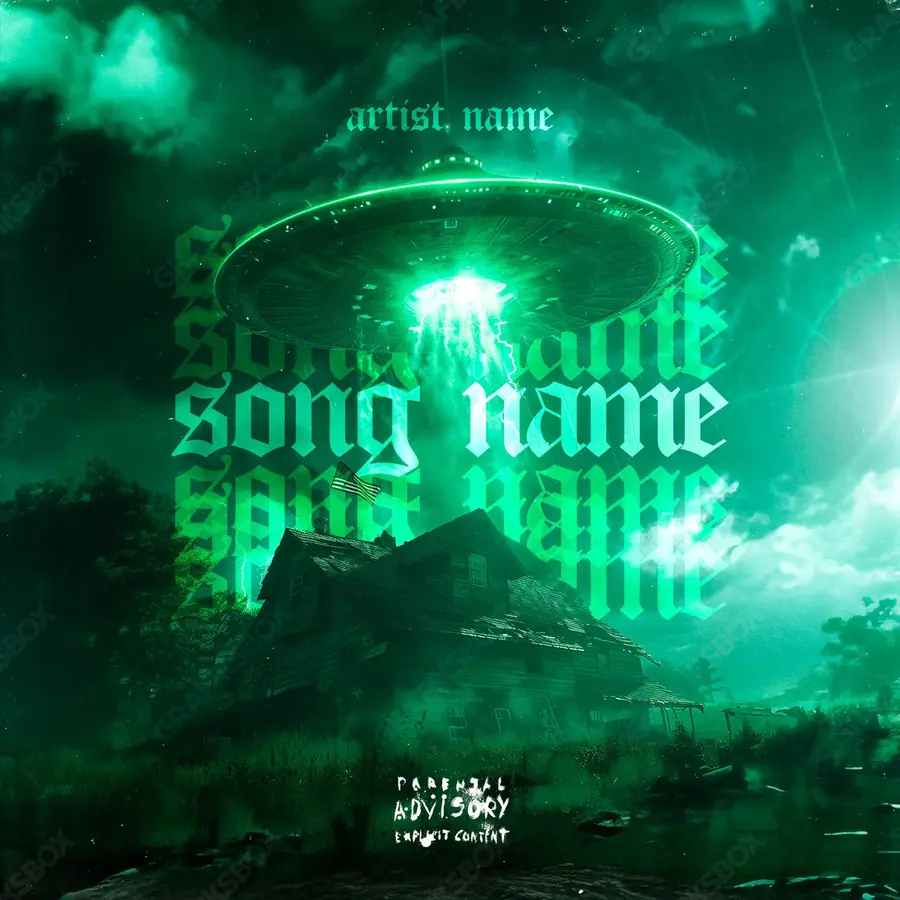 Premade album cover “Alien Area” — harsh imagery in a low-key frame in a green palette