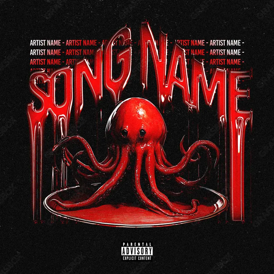 Portada de álbum prediseñada «Octopuses» — un encuadre que no encaja en una sola categoría, en tonos rojos intensos