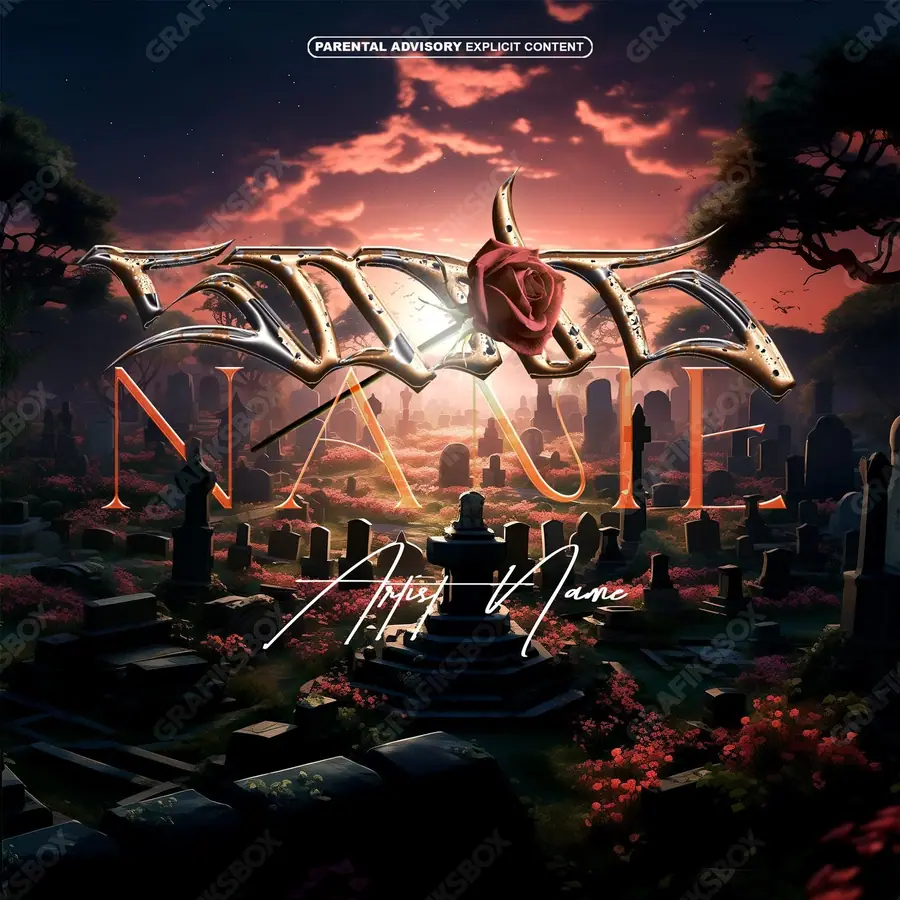 Portada de álbum prediseñada «Cemetery» — un encuadre que no encaja en una sola categoría, en una gama roja