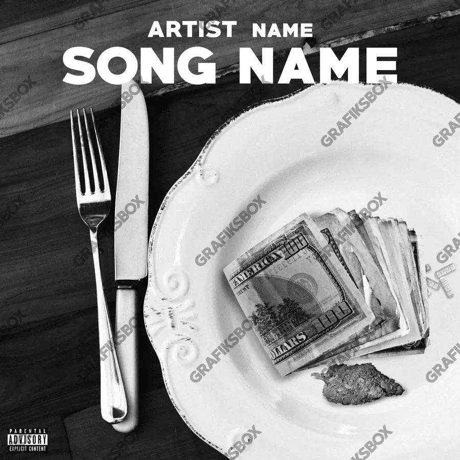 Portada de álbum prediseñada «Eating Money» — los signos del lujo: oro, dinero, brillo, en una paleta monocroma