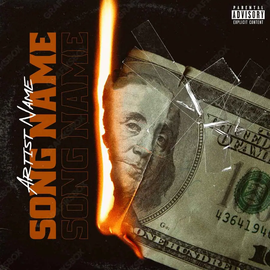 Premade album cover “Burning” — a hot frame: sparks, heat, smoke in an orange palette