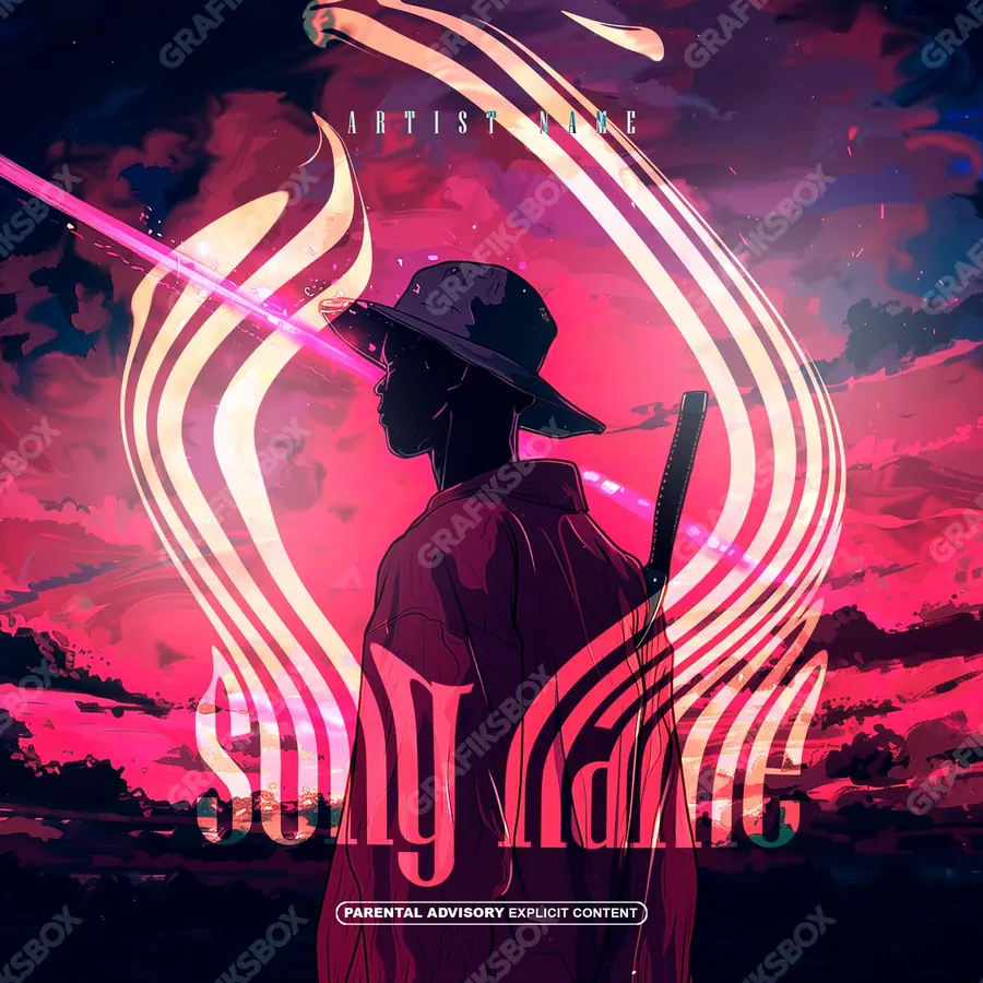 Portada de álbum prediseñada «Samurai» — un encuadre que no encaja en una sola categoría, en tonos rojos intensos