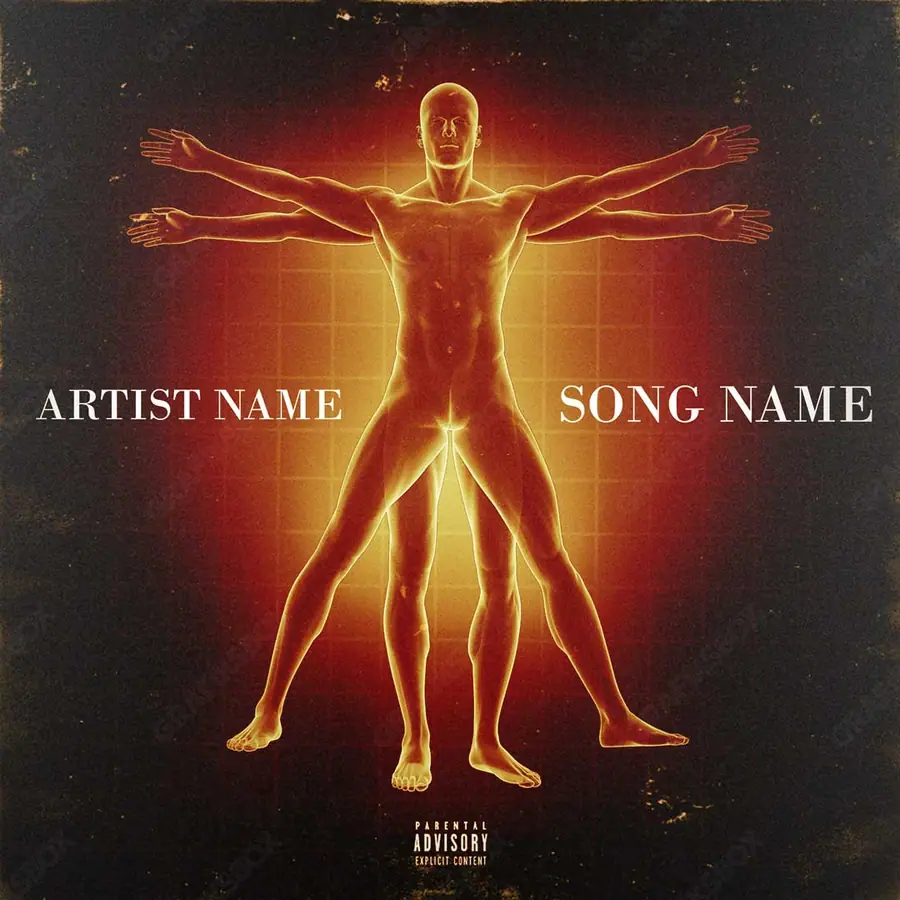 Premade album cover “Vitruvian DaVinci” — an original visual idea with no close match in the catalogue in a red palette