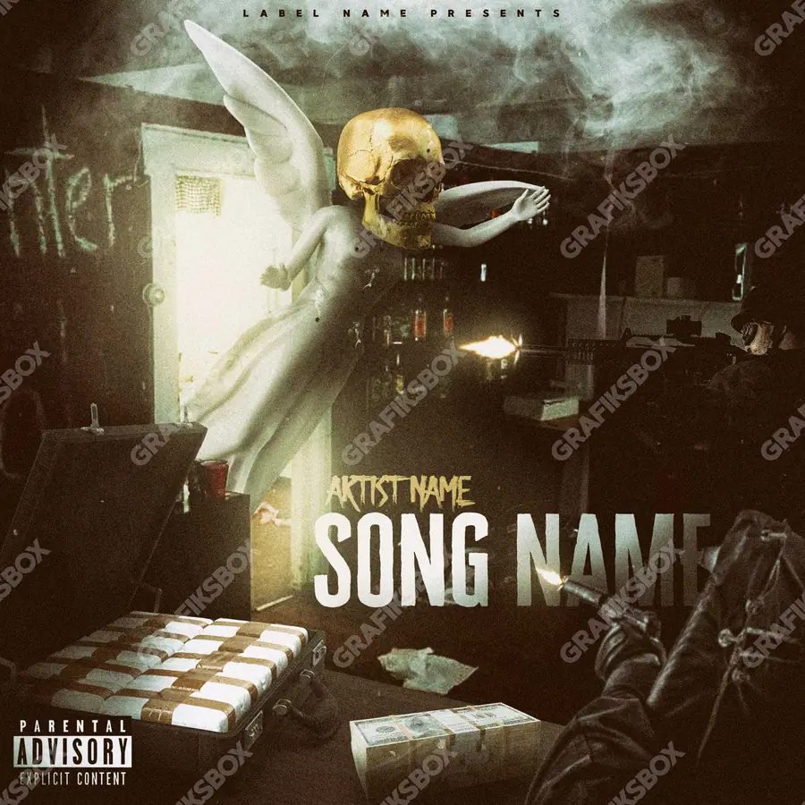 Premade album cover “Trap Angel” — harsh imagery in a low-key frame in orange shades